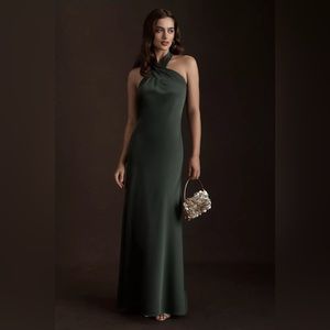 BHLDN Ruby Twist Halter Satin Gown (Color: Forest)